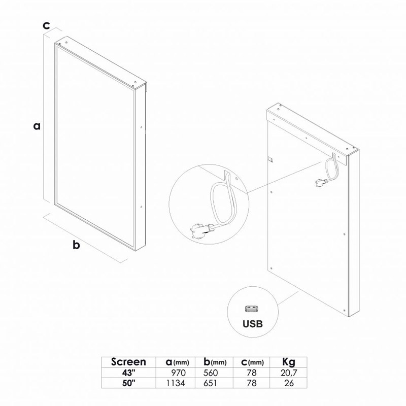Digitalskilt for montering på vegg eller hengende fra tak, med Samsung "43 eller "50 skjerm.
