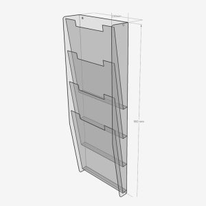 Skråplan brosjyreholder 4xA4 i transparent akryl for montering på vegg.