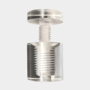 Skiltfester av blank transparent akryl. Diameter 19 mm. Avstand fra veg: 19 mm.