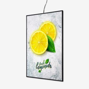 Plakatramme LED Slide, med jevn belysning og slank svart ramme.
