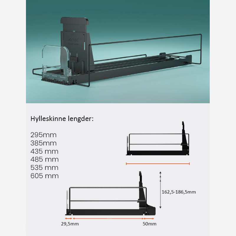 Lengder på hylleskinner for PusherMax hyllesystem for display av butikkvarer.