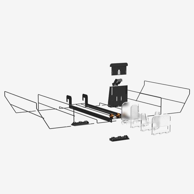 Komponenter i PusherMax hyllesystem for display av butikkvarer.