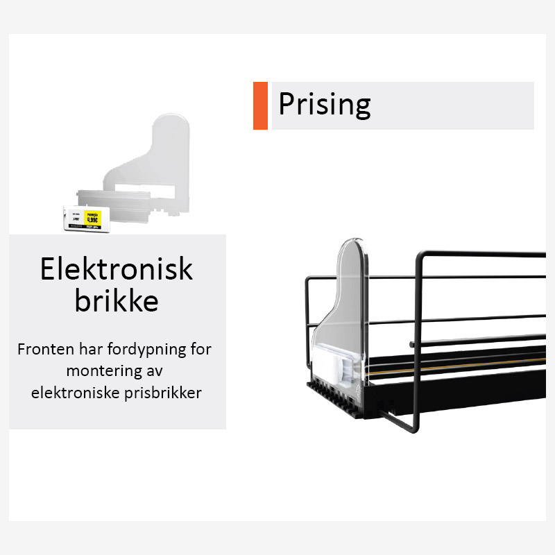 PusherMax hyllesystem for display av butikkvarer med elektronisk brikke for prising.
