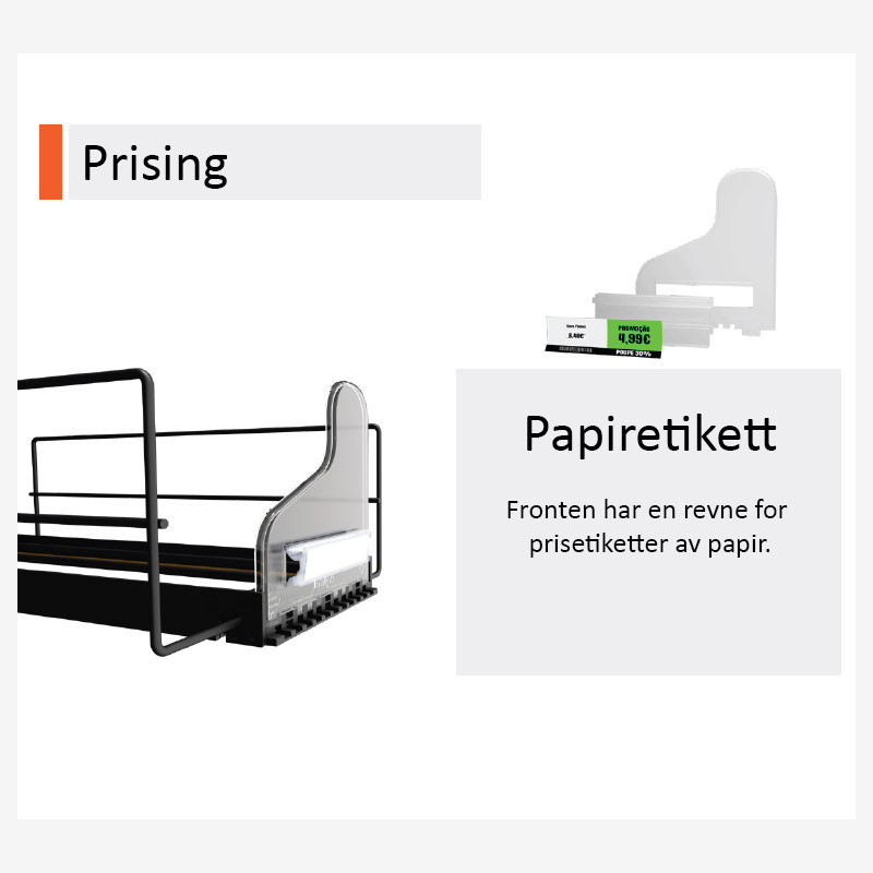 PusherMax hyllesystem for display av butikkvarer med papiretiketter for prising.