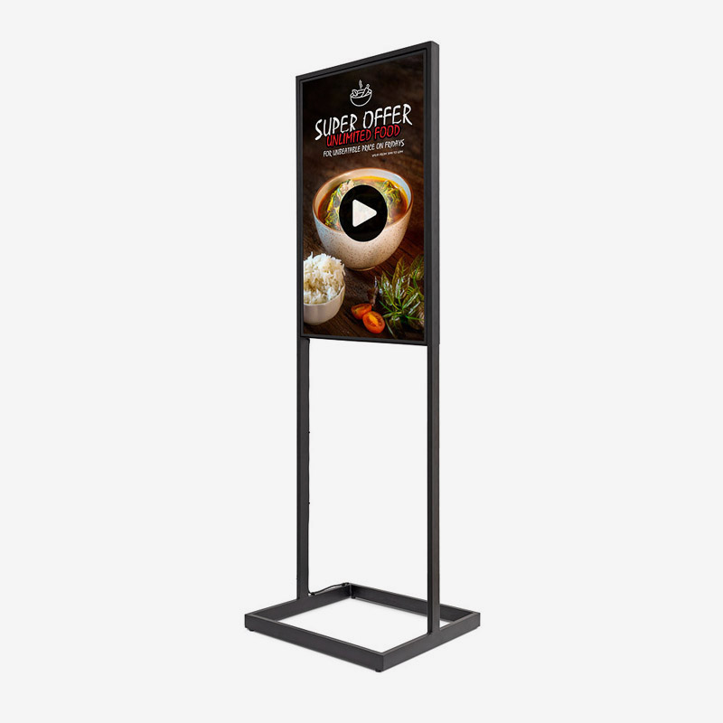 Digital Totem Sky er et skjermstativ med elegant åpen ramme rundt en 43" eller 55" Samsung skjerm.