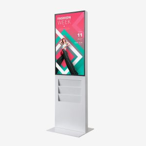 Smart Line Digital Totem Rack med 43" Samsung skjerm og tre lommer for inntil seks A4 brosjyrer eller kataloger i hver lomme.