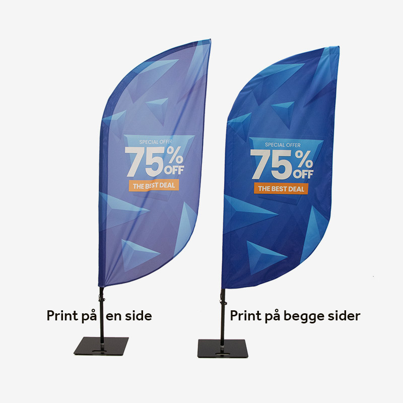 Strandflagg Paddle fra Display.no. Se forskjellen på print på en side og begge sider.