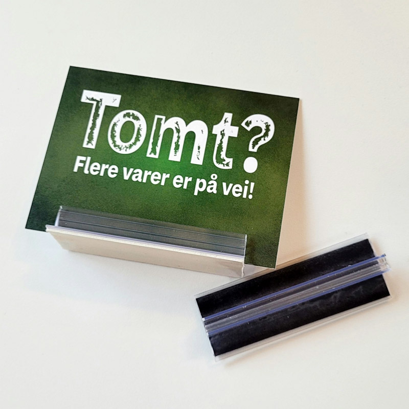 Nordic Display produserer hyllemarkører med ditt motiv på bestilling.